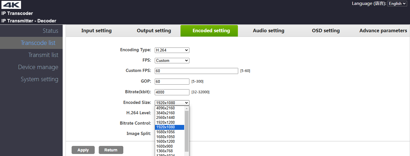 Transcode settings